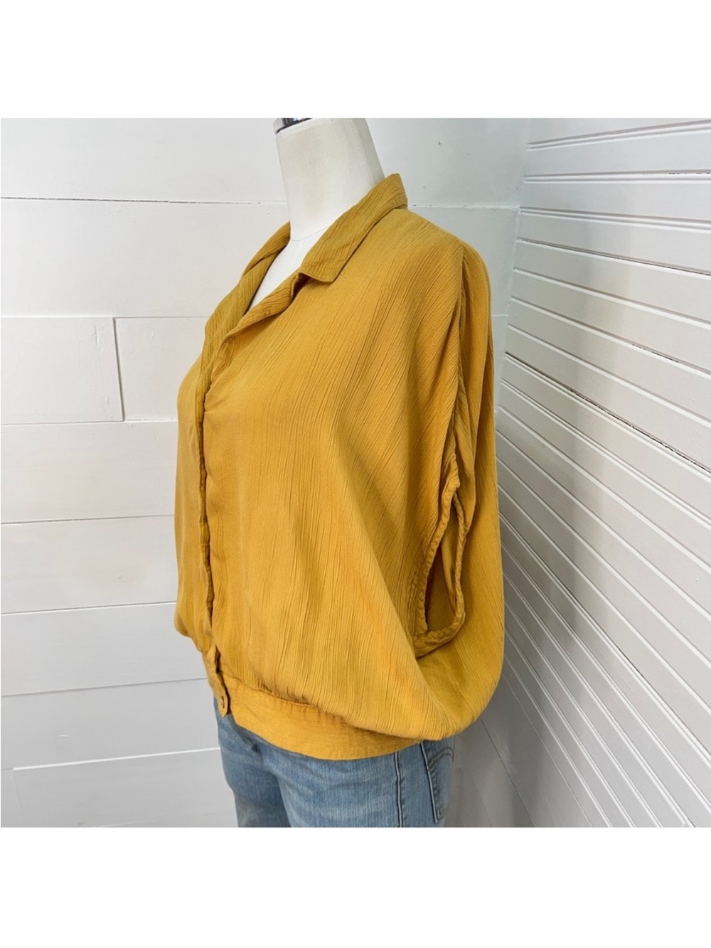 Prana Permilla Blouse Mustard Yellow Button Front Short Sleeve Top Size M - Picture 6 of 9